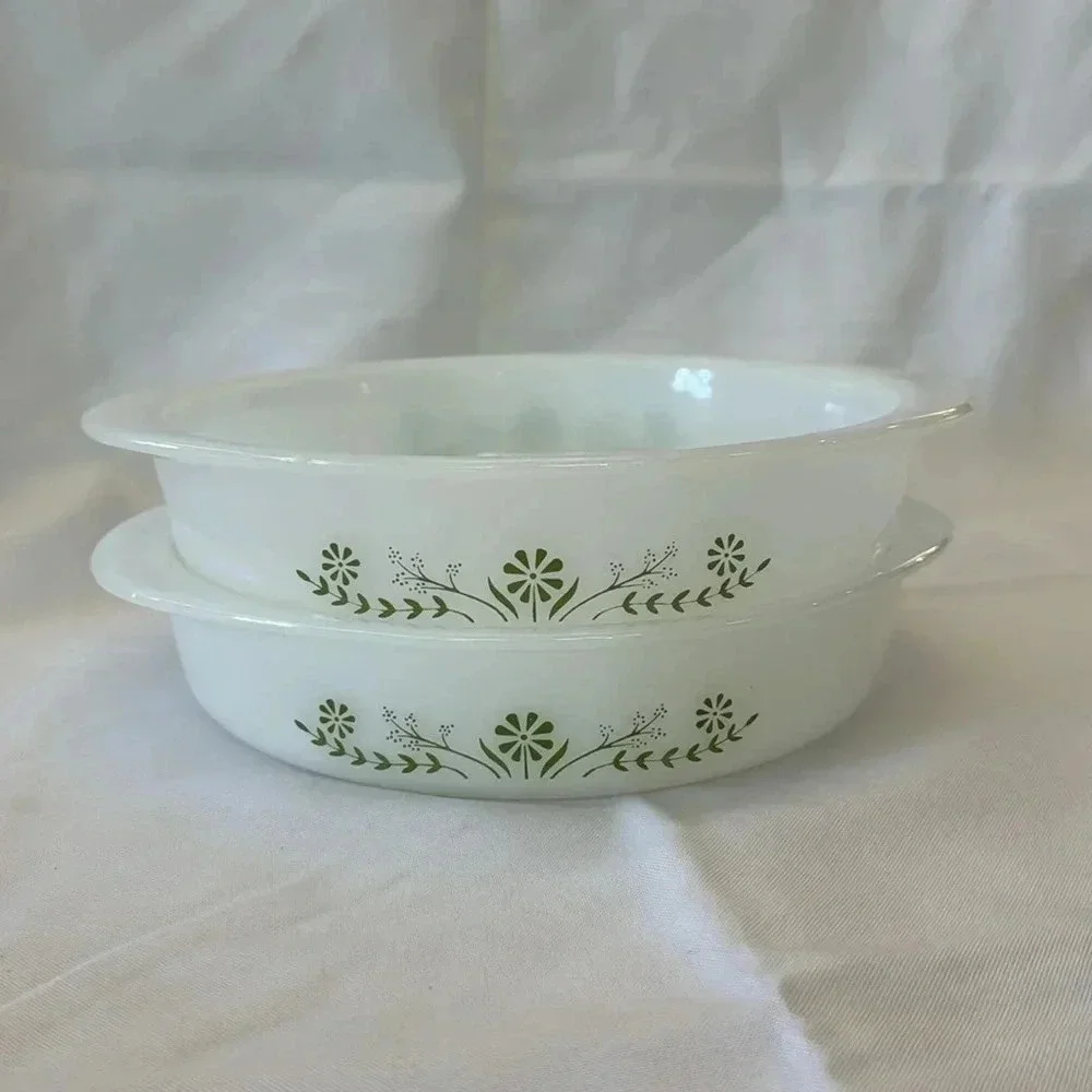 2 - Glasbake 1970s Round 8in Casserole Dishes Green Daisy Milk Glass MCM Kitchen